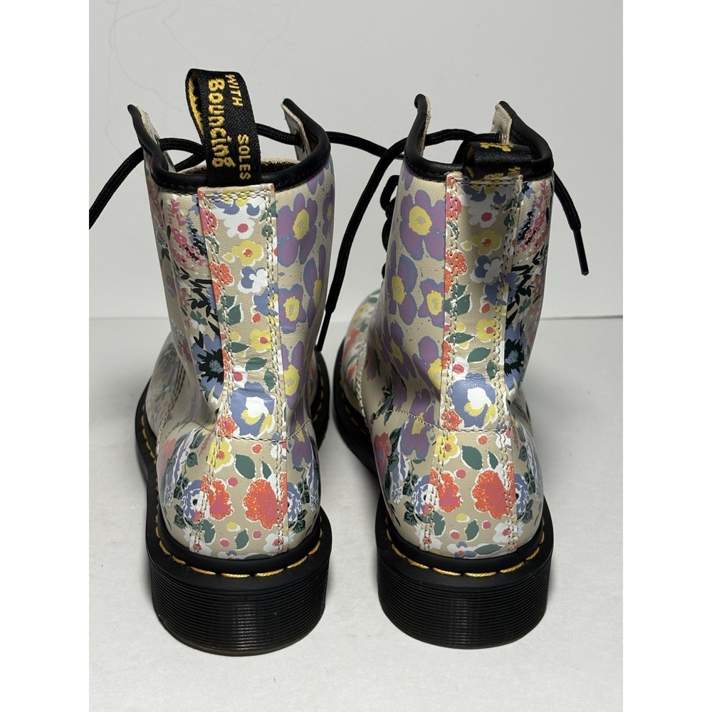 Dr. Martens Floral Lace-Up Combat Boots in Cream and Black - Picture 4 of 9
